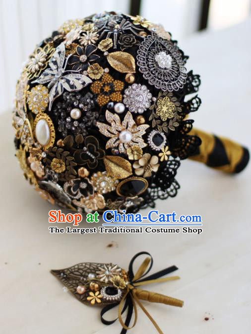 Top Grade Wedding Bridal Bouquet Hand Crystal Black Ball Tied Bouquet Flowers for Women