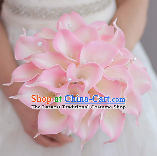 Top Grade Wedding Bridal Bouquet Hand Pink Common Callalily Ball Tied Bouquet Flowers for Women