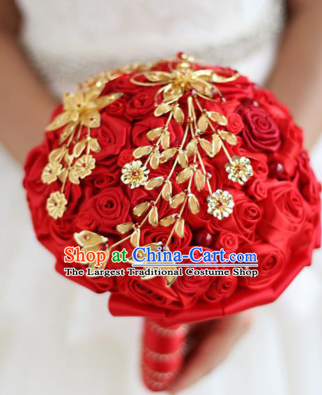 Top Grade Wedding Bridal Bouquet Hand Emulational Red Roses Ball Tied Bouquet Flowers for Women