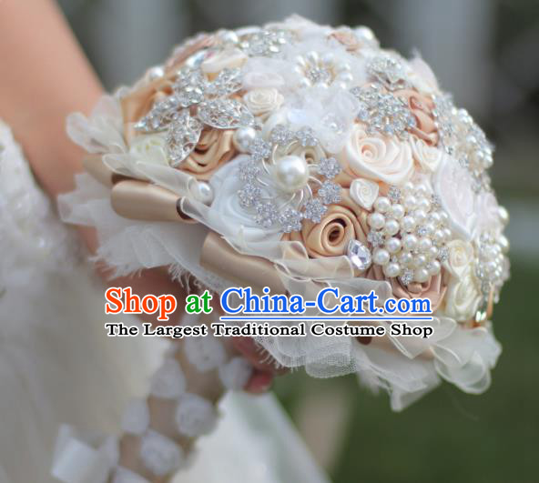 Top Grade Wedding Bridal Bouquet Hand Emulational Champagne Roses Ball Tied Bouquet Flowers for Women