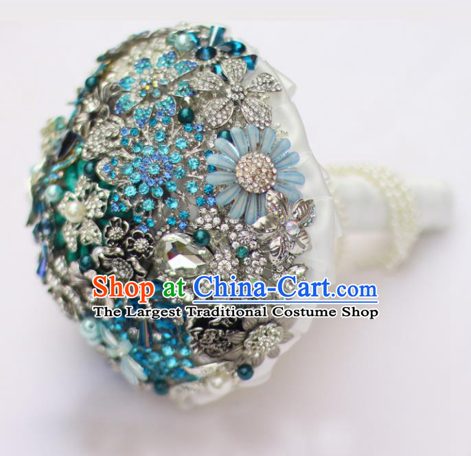 Top Grade Wedding Bridal Bouquet Hand Blue Crystal Flowers Ball Tied Bouquet Flowers for Women