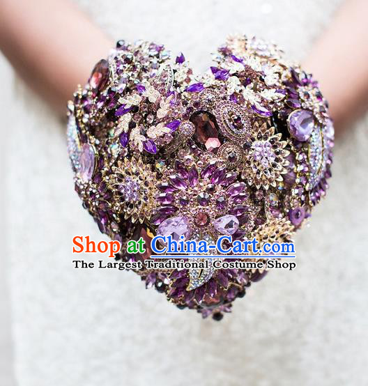 Top Grade Wedding Bridal Bouquet Hand Purple Crystal Flowers Ball Tied Bouquet Flowers for Women