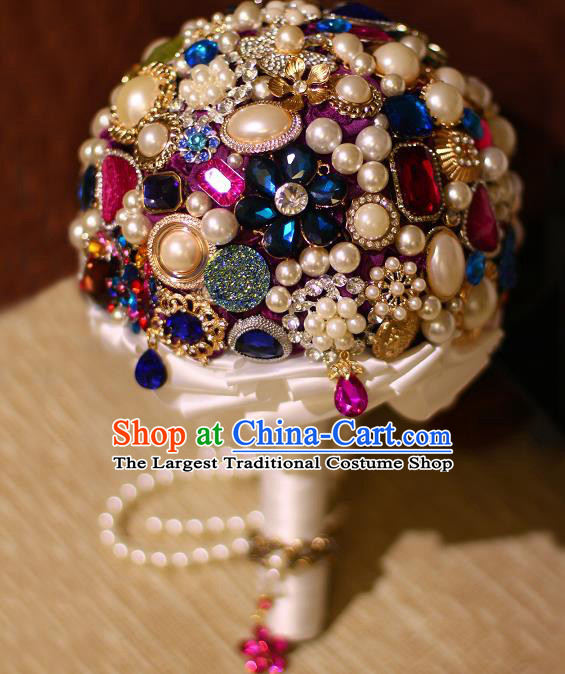 Top Grade Wedding Bridal Bouquet Hand Crystal Pearls Ball Tied Bouquet Flowers for Women