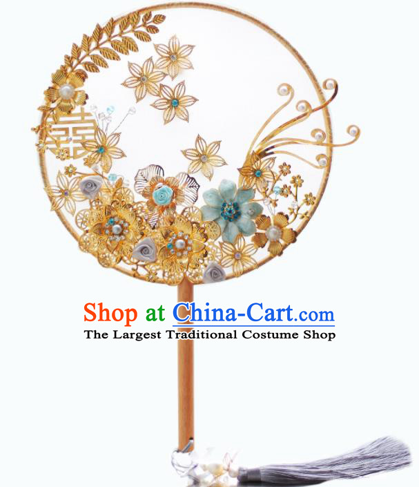 Chinese Traditional Wedding Round Fans Classical Bride Golden Palace Fan for Women
