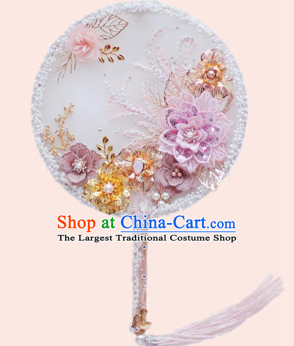 Chinese Traditional Wedding Round Fans Classical Bride Lace Flower Palace Fan for Women