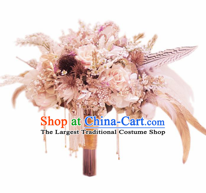 Chinese Traditional Wedding Bridal Bouquet Hand Purple Flowers Feather Bunch for Women