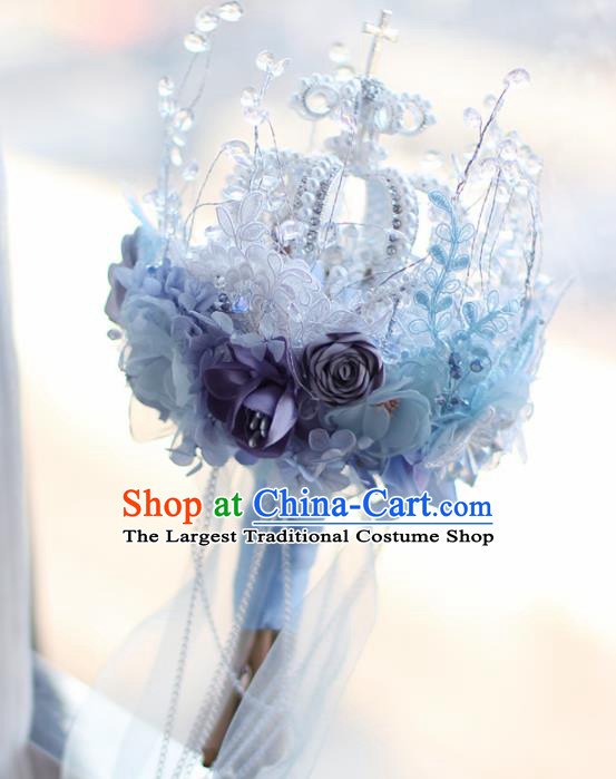 Top Grade Wedding Bridal Bouquet Hand Blue Flowers Royal Crown Bunch for Women