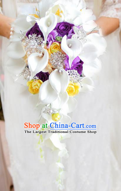 Top Grade Wedding Bridal Bouquet Hand Purple Roses Common Callalily Bunch for Women
