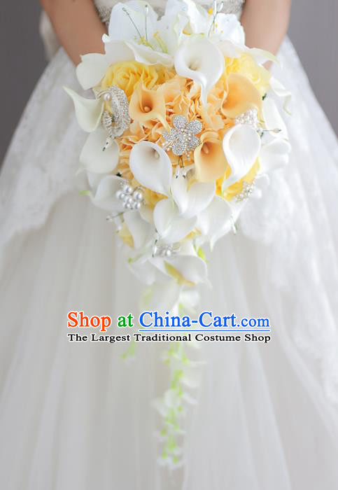 Top Grade Wedding Bridal Bouquet Hand Yellow Roses Common Callalily Bunch for Women