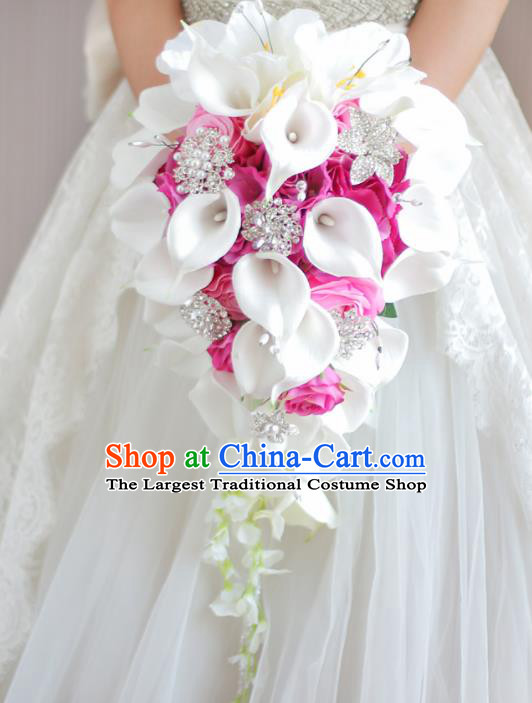 Top Grade Wedding Bridal Bouquet Hand Pink Roses Common Callalily Bunch for Women