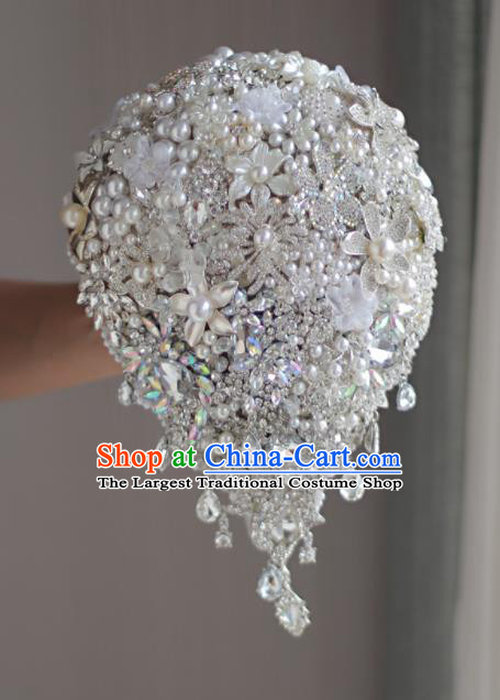 Top Grade Wedding Bridal Bouquet Hand Blue Crystal Beads Bunch for Women