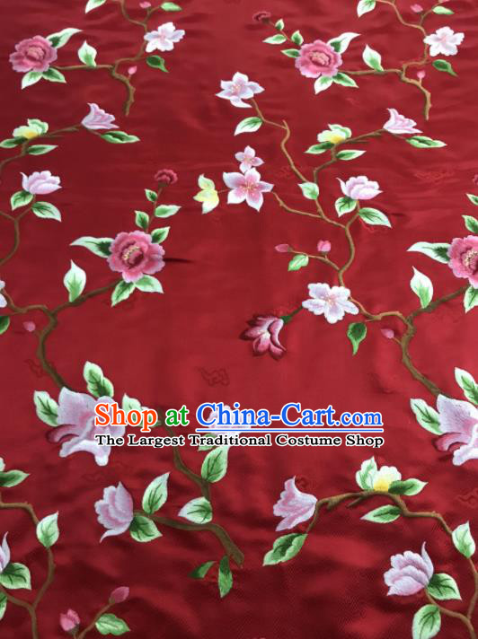 Asian Chinese Royal Embroidered Flowers Pattern Red Brocade Fabric Traditional Cheongsam Silk Fabric Material