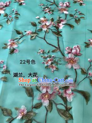Asian Chinese Embroidered Peach Blossom Pattern Lake Blue Silk Fabric Material Traditional Cheongsam Brocade Fabric
