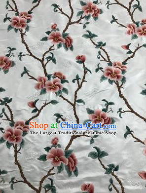 Asian Chinese Suzhou Embroidered Peach Blossom Pattern White Silk Fabric Material Traditional Cheongsam Brocade Fabric