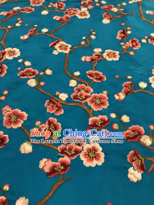 Asian Chinese Suzhou Embroidered Wintersweet Pattern Blue Silk Fabric Material Traditional Cheongsam Brocade Fabric