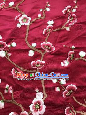 Asian Chinese Suzhou Embroidered Wintersweet Pattern Wine Red Silk Fabric Material Traditional Cheongsam Brocade Fabric