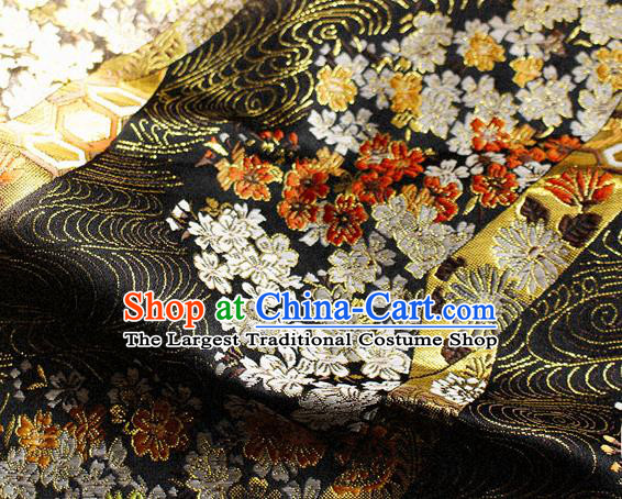 Asian Chinese Royal Cherry Blossom Pattern Black Brocade Fabric Traditional Silk Fabric Kimono Material