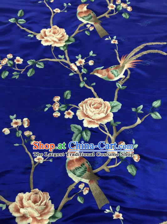 Asian Chinese Royal Embroidered Peony Birds Pattern Royalblue Brocade Fabric Traditional Cheongsam Silk Fabric Material