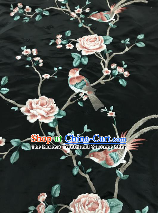 Asian Chinese Royal Embroidered Peony Birds Pattern Black Brocade Fabric Traditional Cheongsam Silk Fabric Material