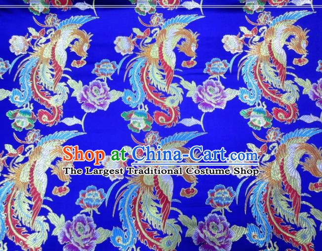 Asian Chinese Traditional Phoenix Peony Pattern Royalblue Nanjing Brocade Fabric Tang Suit Silk Material
