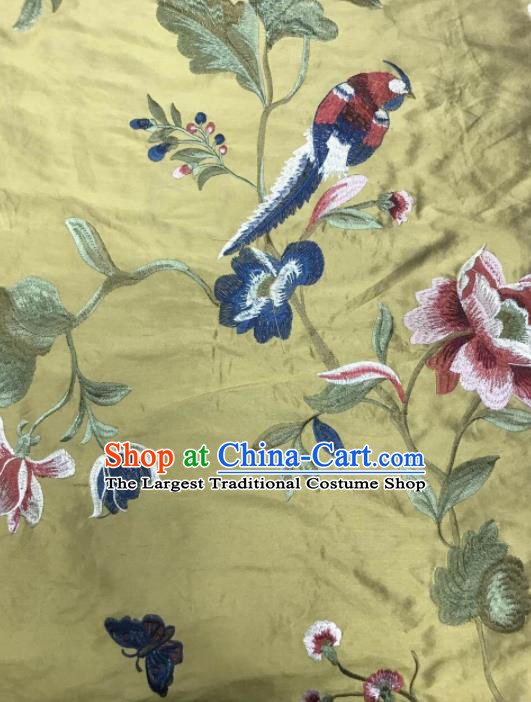 Asian Chinese Suzhou Embroidered Peony Birds Pattern Yellow Silk Fabric Material Traditional Cheongsam Brocade Fabric