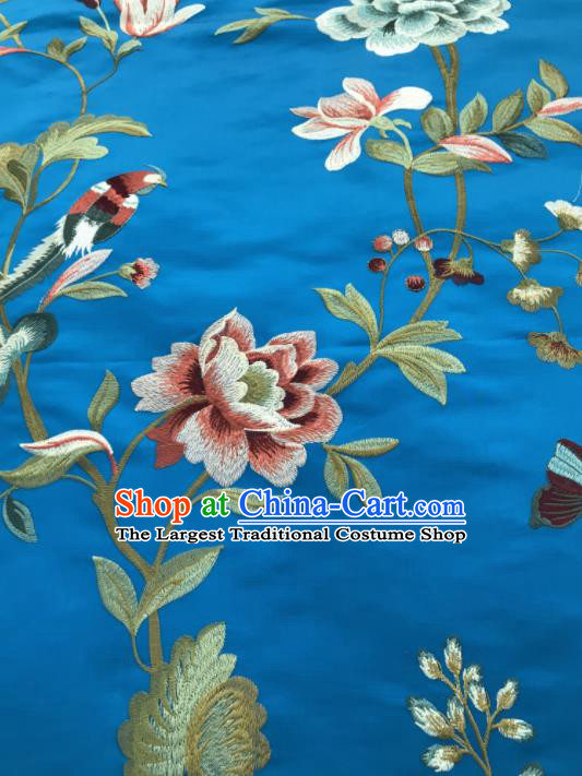 Asian Chinese Suzhou Embroidered Flowers Birds Pattern Blue Silk Fabric Material Traditional Cheongsam Brocade Fabric