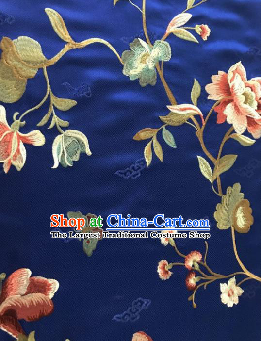 Asian Chinese Suzhou Embroidered Twine Peony Pattern Royalblue Silk Fabric Material Traditional Cheongsam Brocade Fabric