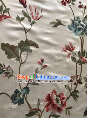 Asian Chinese Suzhou Embroidered Twine Peony Pattern White Silk Fabric Material Traditional Cheongsam Brocade Fabric