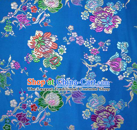 Asian Chinese Traditional Tang Suit Peony Pattern Blue Nanjing Brocade Fabric Silk Fabric Material