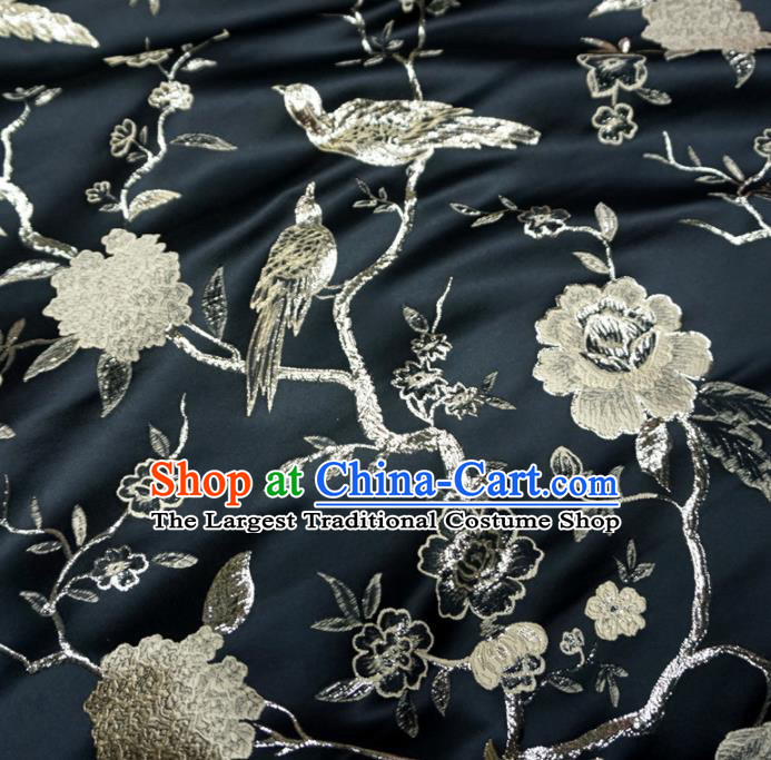 Asian Chinese Traditional Black Brocade Fabric Flowers Birds Pattern Tang Suit Silk Material