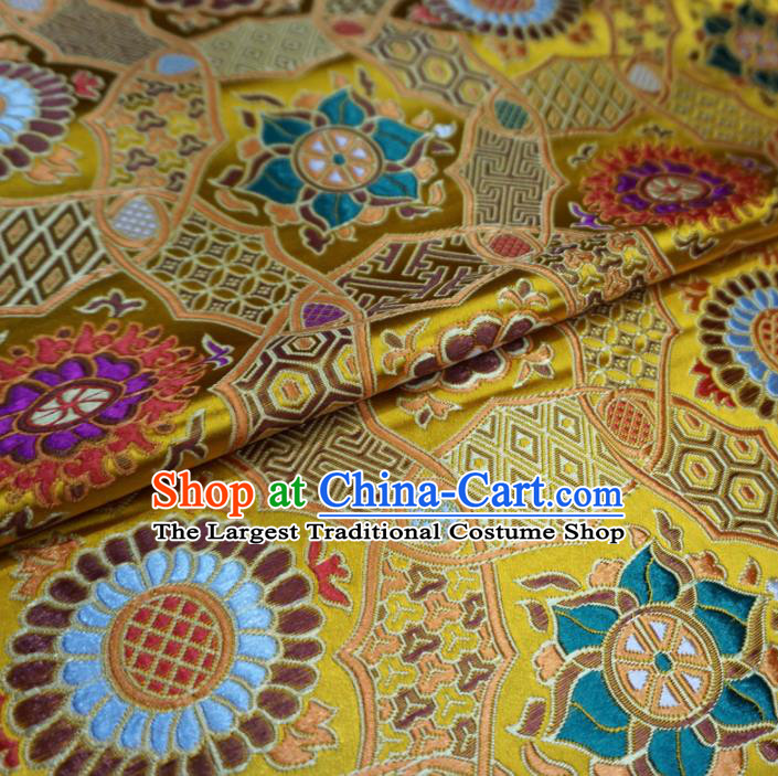 Asian Chinese Classical Rosette Design Pattern Yellow Brocade Traditional Cheongsam Satin Fabric Tang Suit Silk Material