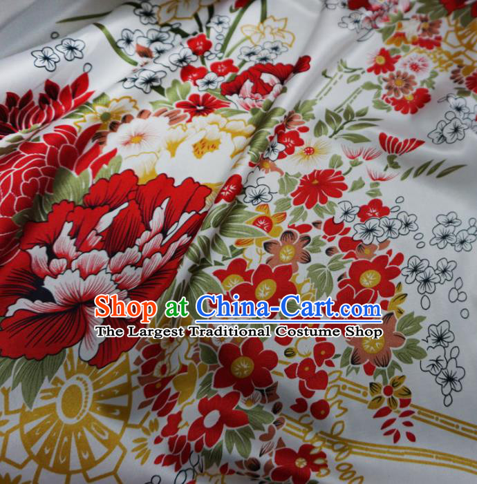 Asian Chinese Printing Peony White Brocade Traditional Cheongsam Satin Fabric Tang Suit Silk Material