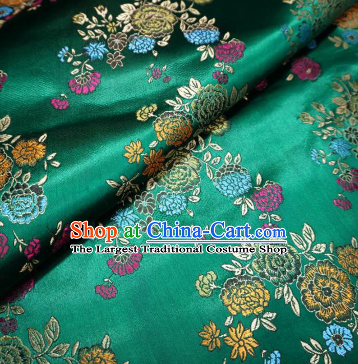 Asian Chinese Classical Peony Design Pattern Green Brocade Traditional Cheongsam Satin Fabric Tang Suit Silk Material