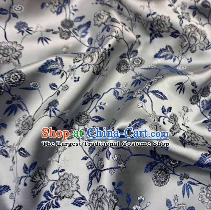 Asian Chinese Classical Twine Peony Design Pattern White Brocade Traditional Cheongsam Satin Fabric Tang Suit Silk Material