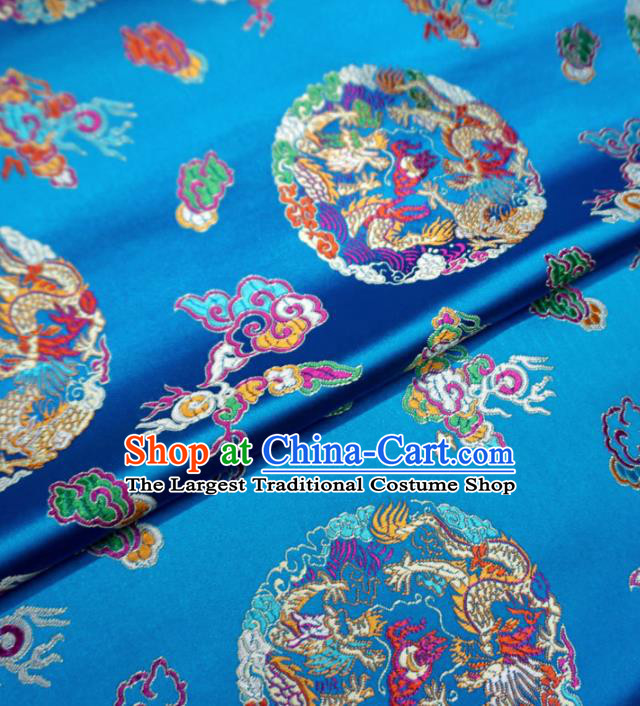 Asian Chinese Traditional Cheongsam Satin Fabric Classical Dragons Pattern Blue Brocade Tang Suit Silk Material