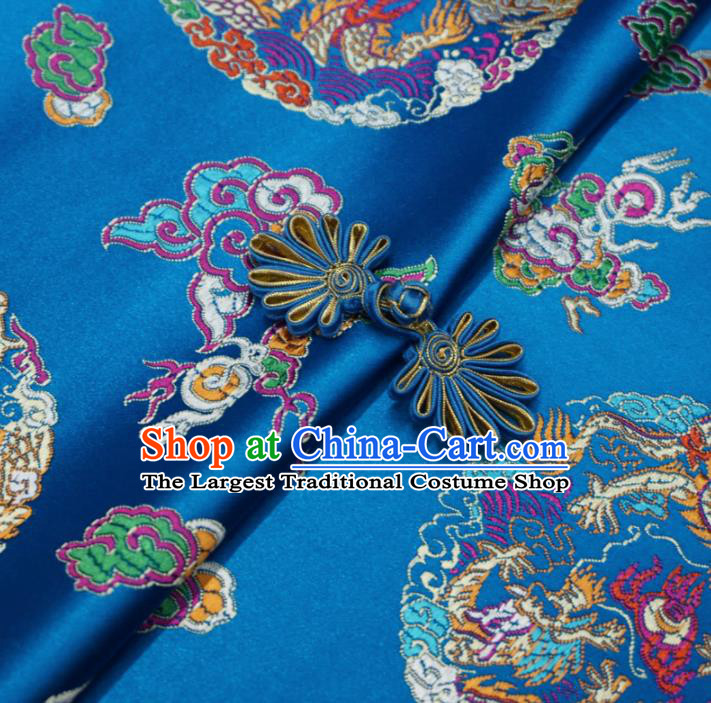 Asian Chinese Traditional Cheongsam Satin Fabric Classical Dragons Pattern Blue Brocade Tang Suit Silk Material
