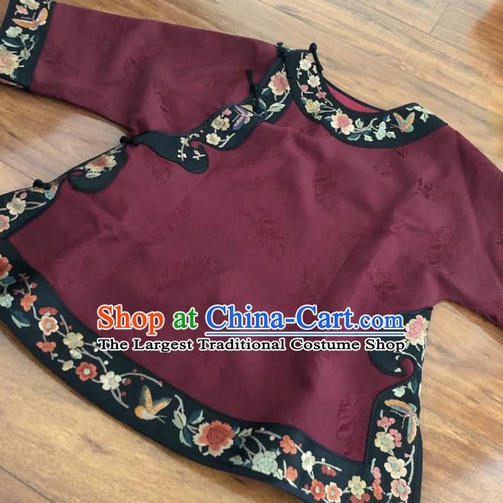 Chinese Traditional Embroidered Costume National Wine Red Silk Qipao Blouse for Women