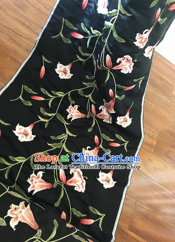 Asian Chinese Classical Lily Flowers Design Pattern Black Brocade Traditional Cheongsam Satin Fabric Tang Suit Silk Material
