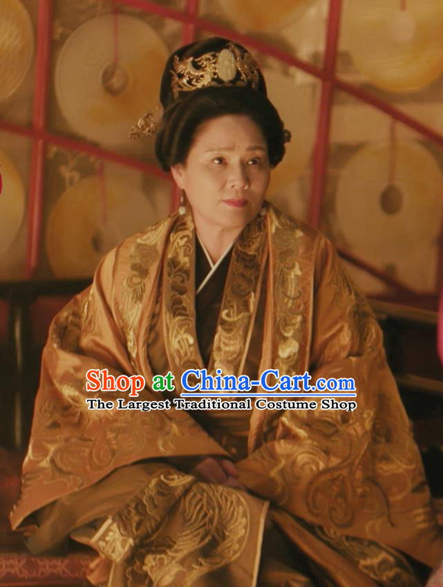 Drama The Story Of MingLan Chinese Ancient Song Dynasty Queen Dowager Embroidered Historical Costume and Headpiece Complete Set