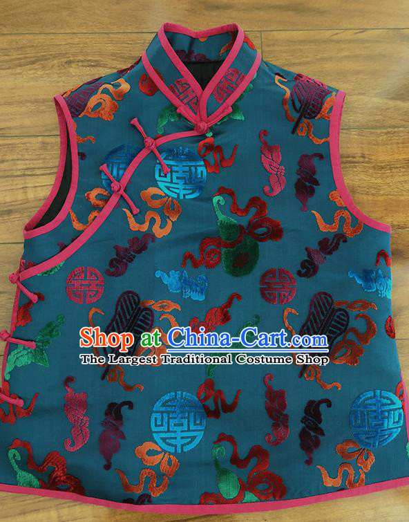 Chinese Traditional Embroidered Blue Silk Qipao Vest National Costume Tang Suit Waistcoat for Women