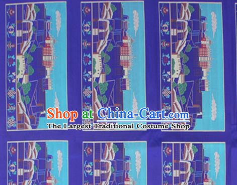 Asian Chinese Classical Religion Design Pattern Deep Blue Brocade Traditional Tibetan Robe Satin Fabric Silk Material