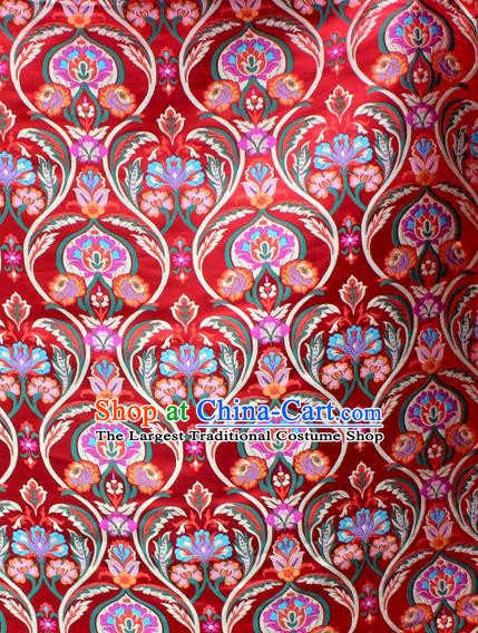 Asian Chinese Classical Tulip Flowers Pattern Red Nanjing Brocade Traditional Tibetan Robe Satin Fabric Silk Material