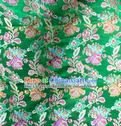 Asian Chinese Classical Peony Flowers Pattern Green Nanjing Brocade Traditional Tibetan Robe Satin Fabric Silk Material