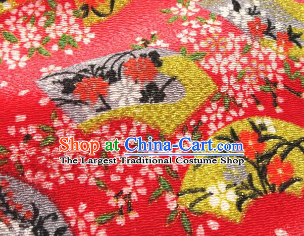 Asian Traditional Classical Sakura Fan Pattern Red Tapestry Satin Brocade Fabric Japanese Kimono Silk Material