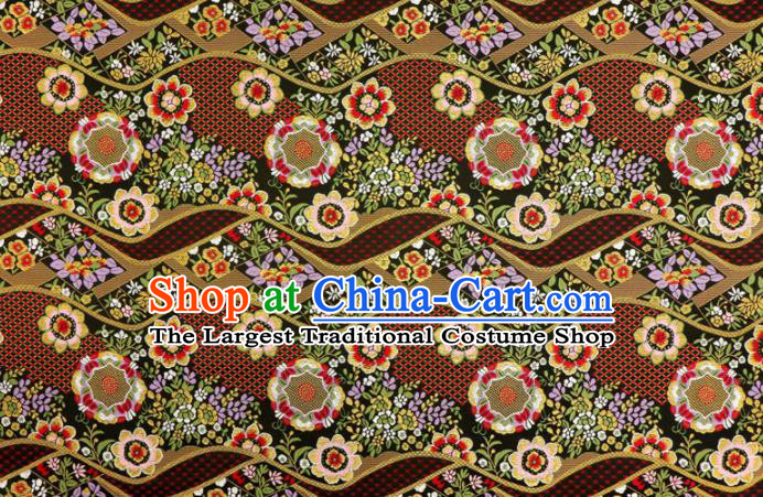 Asian Traditional Classical Flowers Pattern Nishijin Black Brocade Fabric Japanese Kimono Satin Silk Material