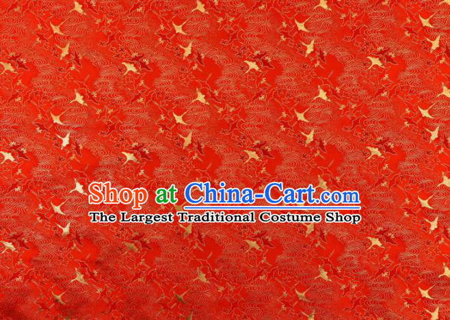 Asian Traditional Classical Crane Pattern Red Tapestry Satin Nishijin Brocade Fabric Japanese Kimono Silk Material