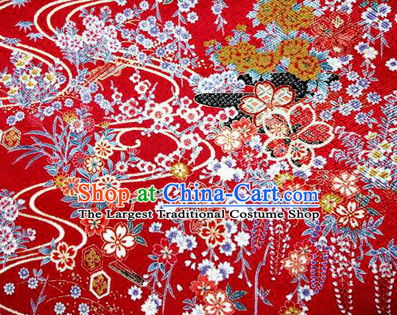 Asian Traditional Classical Orchid Pattern Red Tapestry Satin Nishijin Brocade Fabric Japanese Kimono Silk Material