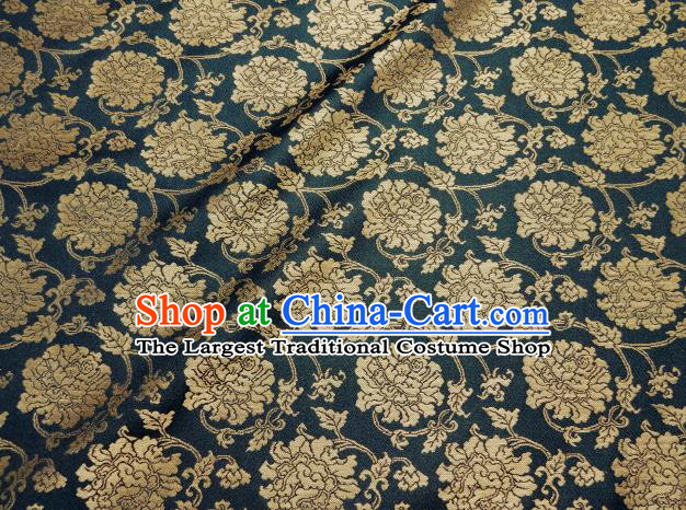 Asian Traditional Classical Peony Pattern Blue Tapestry Satin Nishijin Brocade Fabric Japanese Kimono Silk Material