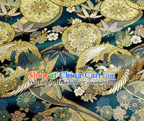 Asian Traditional Classical Bamboo Phoenix Pattern Blue Tapestry Satin Nishijin Brocade Fabric Japanese Kimono Silk Material