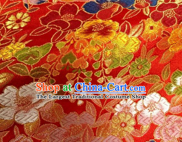 Asian Traditional Classical Flowers Pattern Nishijin Red Brocade Fabric Japanese Kimono Satin Silk Material